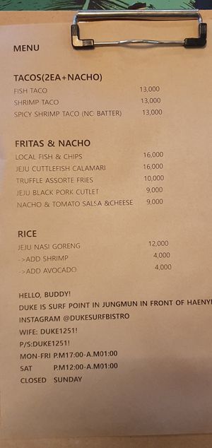 Menu at Duke Surf Bistro in Jeju