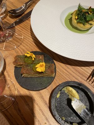 Egg yolk and homemade corn bread  at Culina Hortus in Lyon