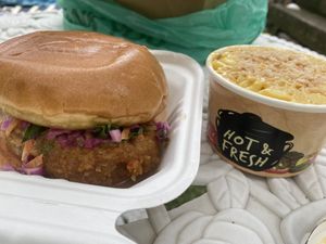 General Tso “chicken” sandwich special with bacon Mac & cheese  at Umami Gorilla in Wilkes-barre