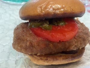 Spicy sandwich (can’t remember the name of it but that’s a pineapple on top!)  at Umami Gorilla in Wilkes-barre