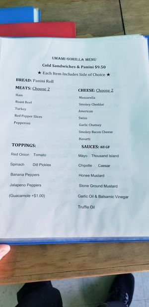 Page 1 of our menu - Paninis 100% Vegan at Umami Gorilla in Wilkes-barre