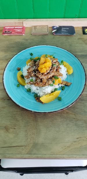 Orange Ginger Chick'n over Rice 100% vegan  at Umami Gorilla in Wilkes-barre