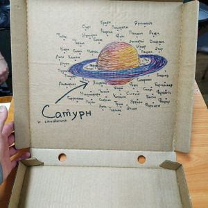 Космический Сатурн на коробке)
Space Saturn on the box) at The Slice Pizza in Moscow