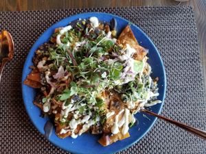 Red Chilaquiles!!! Yummy! at Charly's Vegan Tacos in Miami