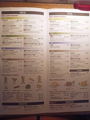 Menu at Vapiano in Gottingen