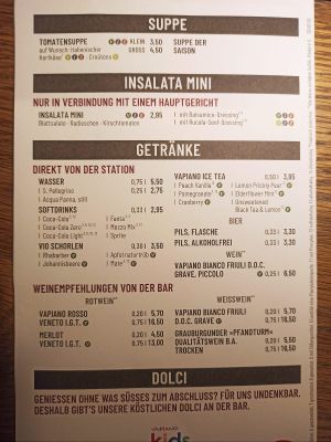 Menu at Vapiano in Gottingen