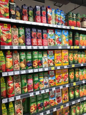 Juice aisle at Shopping Centre Kamelija in Kotor