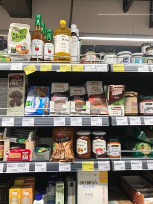 Some of the "healthy" selections at Aroma Supermarket at Shopping Centre Kamelija in Kotor