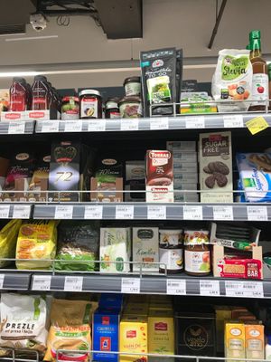 Some of the "healthy" selections at Aroma Supermarket at Shopping Centre Kamelija in Kotor