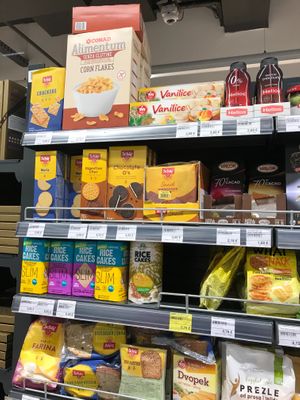 Some of the "healthy" selections at Aroma Supermarket at Shopping Centre Kamelija in Kotor