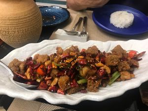 spicy mala ‘chicken’- gluten cubes and monkeyhead mushroom in sichuan chilli at Shàng Shàn Shū Shí in Macau