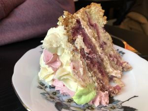 Raspberry and white choc cake   at The Herb Garden in Buxton