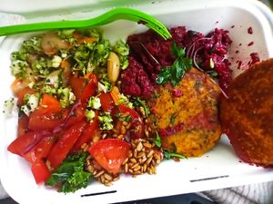 Potato cakes and salads at The Grove Veggie Kitchen in Limerick