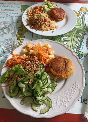 Potato cake and Nut Burger with different types of salads at The Grove Veggie Kitchen in Limerick