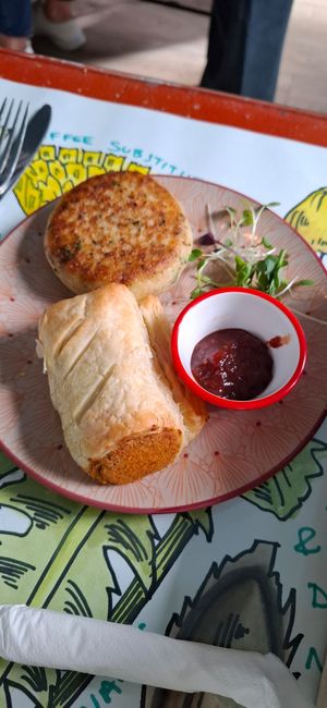 Potato cake and sausage roll at The Grove Veggie Kitchen in Limerick