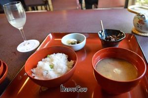 Final bowls of the Sakura set, including rice and miso at Hachinoki in Kamakura