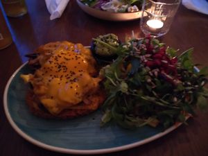Vegan 'Schnitzel' with mushrooms and cheese plus salat at Apple & Eve in Hamburg