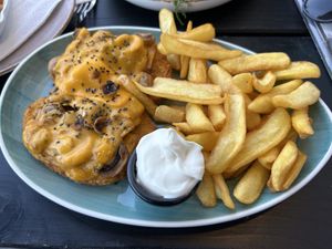 Cheese and mushroom schnitzel  at Apple & Eve in Hamburg