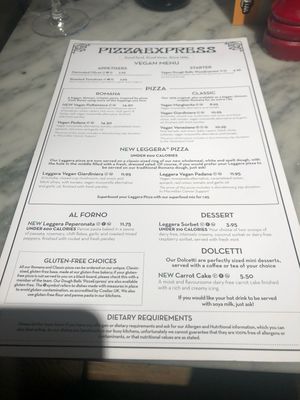 vegan menu  at Pizza Express - Notting Hill Gate in West London