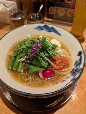 Vegan ramen, very nice! Slightly hidden underground spot, the softest asparaguses ever. Sauce not spicy but condiments mean you can make it so. at Afuri - Shinjuku in Tokyo