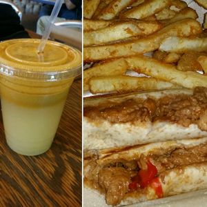 fresh ginger juice with bbq chkn sandwich with seasoned fries at Vegetarian Restaurant by Hakin in North Miami Beach