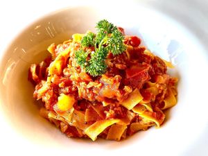 Freshly made tagliatelle with vegan bolognaise sauce at The Vegan Table in Phuket