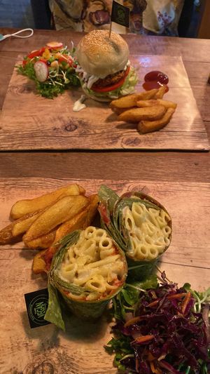 Hawaiian chicken burger & Mac n cheeze wrap  at The Vegan Table in Phuket