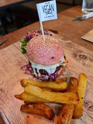 Spicy mushroom oat cheese burger at The Vegan Table in Phuket