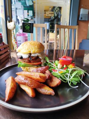 Gluten free burger and fries with the salad was nice at The Vegan Table in Phuket