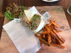 Quinoa and avocado wrap with sweet potato fries and salad at The Vegan Table in Phuket