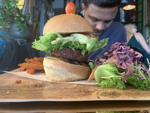 Spicy veggie burger at The Vegan Table in Phuket