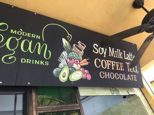 Sign out front, soy milk for tea and lattes   at The Vegan Table in Phuket