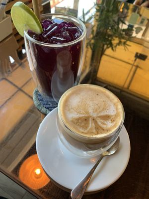 Butterfly pea lemonade and cinnamon latte at The Vegan Table in Phuket