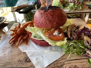 Advo Chickin Burger with a beetroot bun at The Vegan Table in Phuket