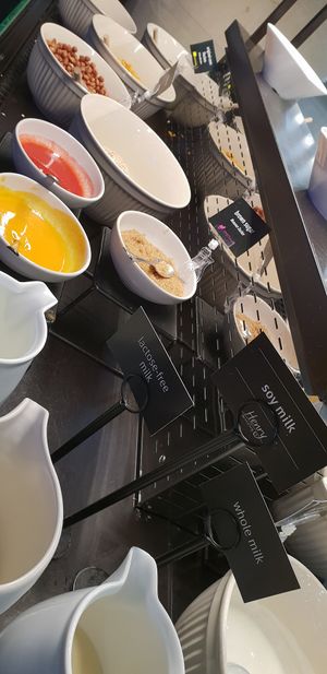 Cereals and soy milk at breakfast bar at VIE - Henry - T1 in Schwechat