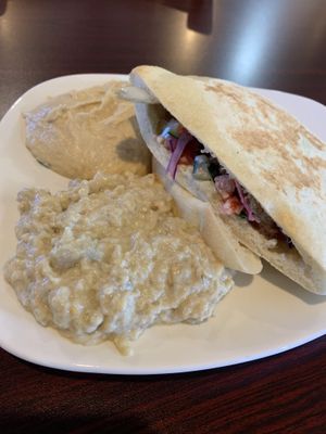 Falafel Sandwich with sides of hummus & baba ghanoush at Odeh's Mediterranean Restaurant in Elko