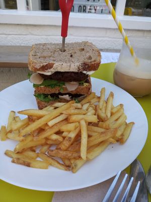 Vegan Falafel Sandwich with fries at Zest Cafe & Bar in Ramsgate