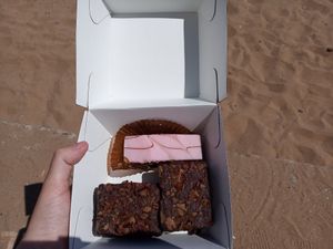 Two vegan brownies and a raspberry slice at Zest Cafe & Bar in Ramsgate