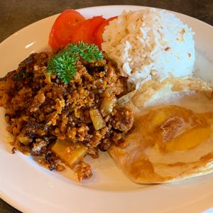 Corned Beef with rice and egg. A great breakfast choice with coffee.  at Nick's on Grand in South San Francisco