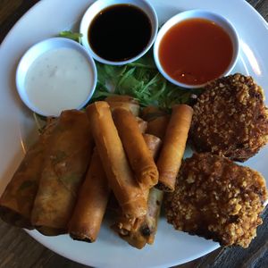 Trio sampler of both lumpias and crab cakes ($20) at Nick's on Grand in South San Francisco