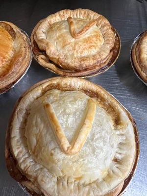 Vegan pies - spicy lentil &mushroom… also vegan sausage rolls available .. at Cafe Maldon in Maldon