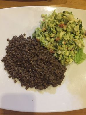 Lentils and salad (main course from the menu of the day)  at Angela's Place in Mancora