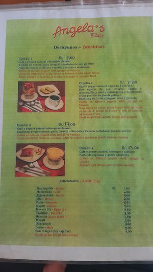 Breakfast menus at Angela's Place in Mancora