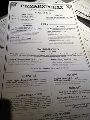 Vegan menu  at Pizza Express - Victoria St in South West London