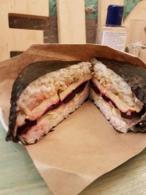 Omigirazu - like a sushi sandwich with tofu and beetroot and a few other things at Fika in St Petersburg