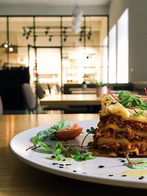 Shepherd's pie and interior at Fika in St Petersburg