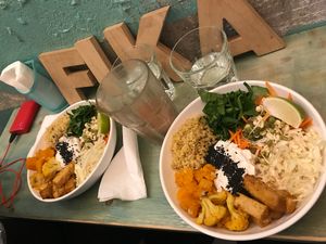 Veggie bowl with pumpkin, cauliflower, tofu, vegan cottage cheese and greens! at Fika in St Petersburg