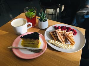 Cake and waffles at Fika in St Petersburg