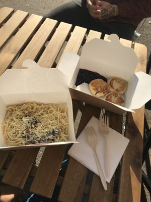 Mushroom pasta and cheesecakes of tofu  at Fika in St Petersburg