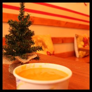 Creamy Chickpea and sweet potato soup with a little spice  at Rhythm & Beets Juice Cafe in New York City